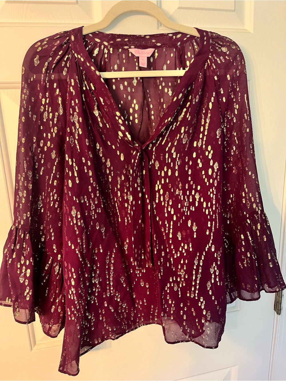 Lilly Pulitzer Metallic Fish Clip Burgundy Purple Gold Tie-Neck Flowy Blouse